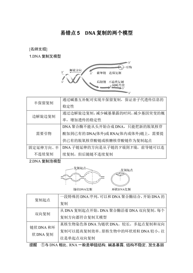 《易错点5DNA复制的两个模型_2026版高中《二三轮复习+冲刺复习》_高考生物生物二轮2026届高考生物步步高大二轮专题复习教师用书(word版)+教师用书配套PPT+题库(word版)(完整版)》第1页预览