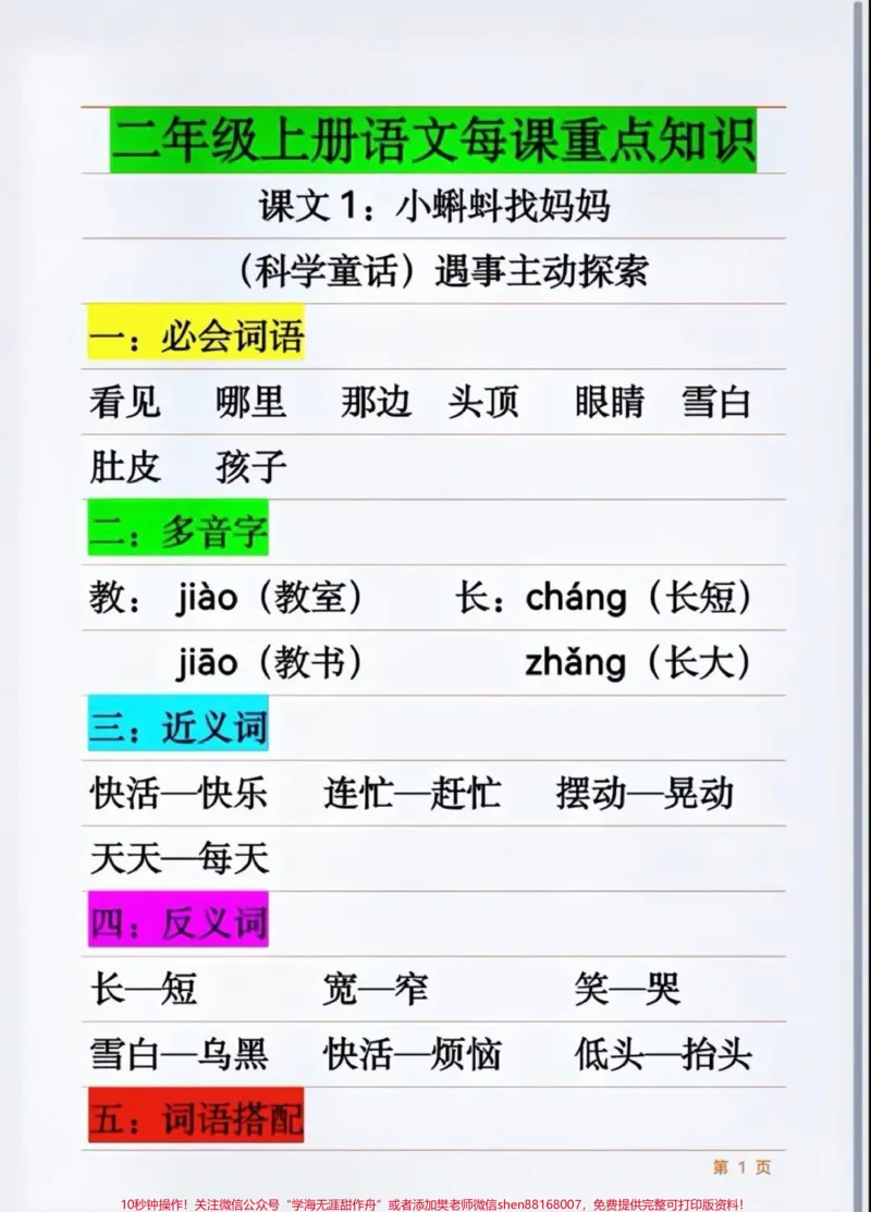 《二年级上册语文课堂笔记#二年级#语文#小蝌蚪找妈妈#必考考点#学习开学季必学期末考试必考题易错题二年级语文知识汇总》第1页预览