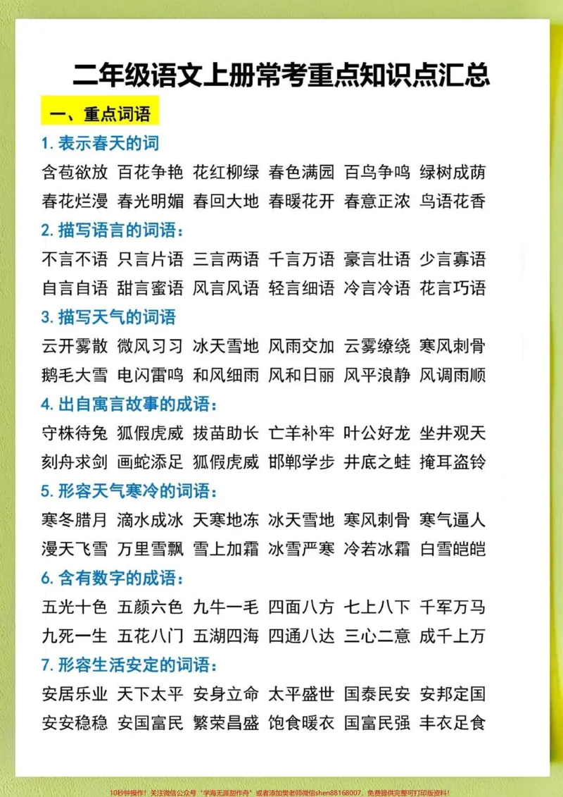 《二年级上册语文必须掌握的知识点‼️。#二年级上册语文家里有九月份上二年级的孩子家长注意了,把这个打印一份给孩子背一背吧。#二年级#二年级语文#二年级小学生》第1页预览