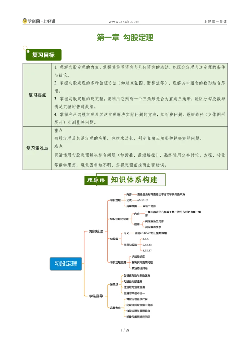 《第一章勾股定理（3核心+6题型+5难点+复习讲义）（原卷版）数学新教材北师大版八年级上册_2026秋初中教辅合集_2027学科网&_2027新《8上数学•同步备课资料合集》（新教材北师大）》第1页预览