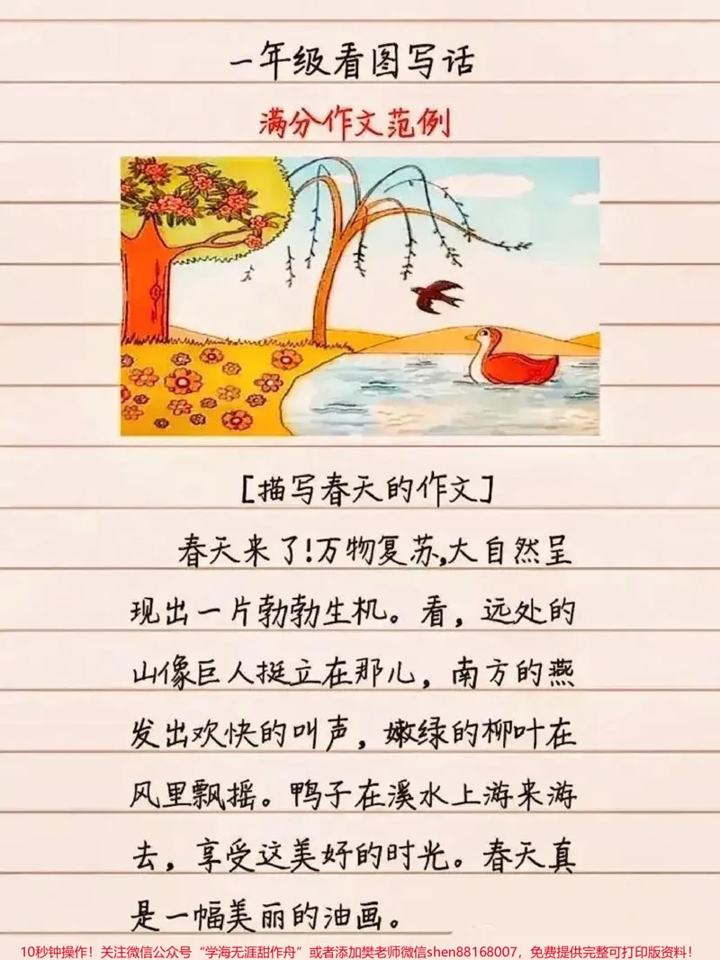 《一年级语文看图写话公式➕范文。小学一年级语文｜看图写话万能公式+范文。一二年级看图写话万能句式➕满分作文范例，每天让孩子学习一幅看图写话，积累素材，为今后的写作提供思路。建议家长们收藏保存，没事给孩子看看，考试的时候才能写出完整的看图写话。#一年级#一年级语文#一二年级看图写话#家长收藏孩子受益#看图写话》第5页预览