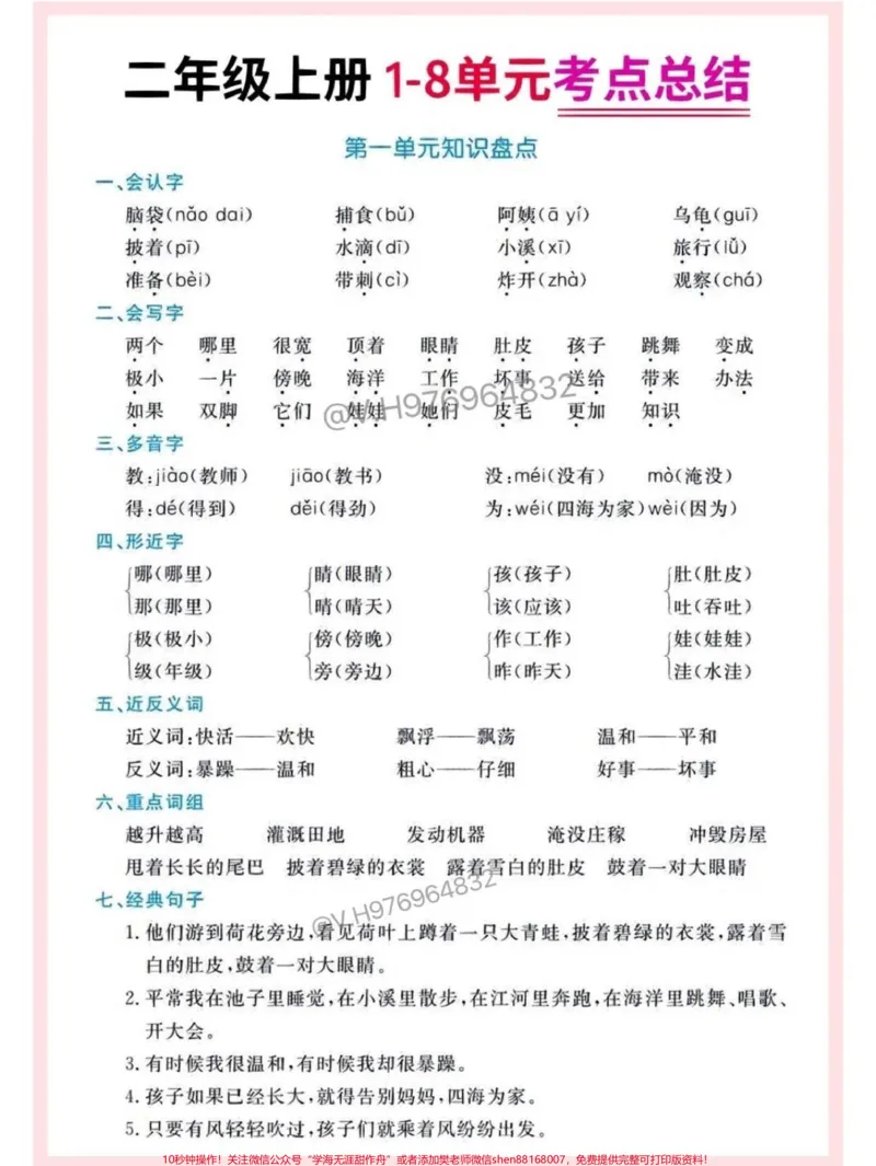 《二年级语文上册1-8单元考点总结。二年级语文上册1-8单元考点总结,期末复习必备,快打印出来给孩子读一读,考试稳拿98分➕#二年级#必考考点#家长收藏孩子受益#二年级上册语文》第1页预览