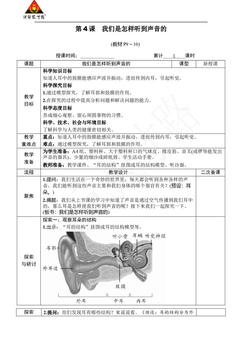《第4课　我们是怎样听到声音的_26春小学语数英道科各版本《课件+教案》_26春人教版语数《状元大课堂》课件+教案_25秋_科学《状元大课堂》教案+课件教科25秋_四年级_教科4科上教案_1声音》第1页预览