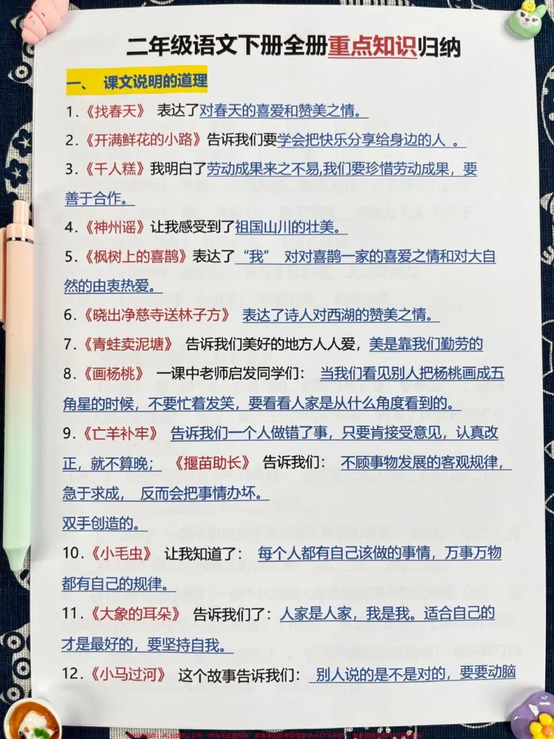 《二年级下册语文重点知识汇总资料12页,老。师精心整理,搭配课本所学的重点进行学习,巩固基础,做到考试不失分。这份资料包含词语积累和小学知识点归纳,家长收藏后可让孩子多练习。#二年级语文下册#家长收藏孩子受益#二年级语文#词语积累#小学知识点归纳》第2页预览