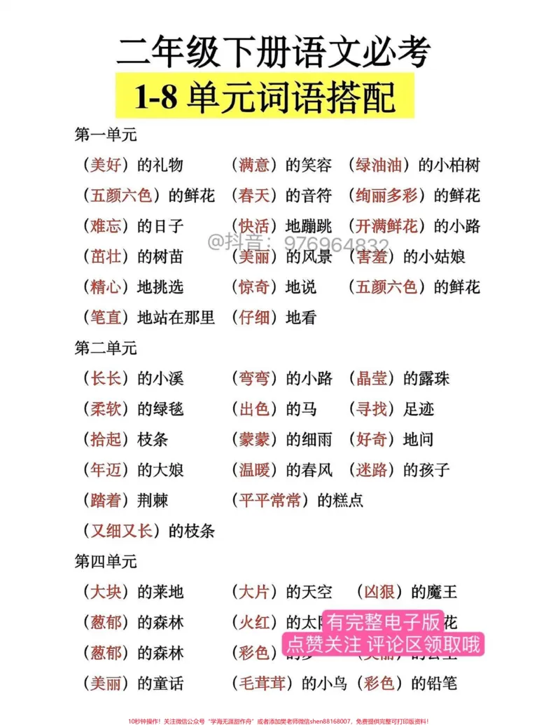 《二年级语文下册必考词语搭配1-8单元必考词语搭配#二年级#家长收藏孩子受益#必考考点#知识点总结#学霸秘籍_最新小学1-9年级各科+幼升小+综合类学习资源汇总包》第1页预览
