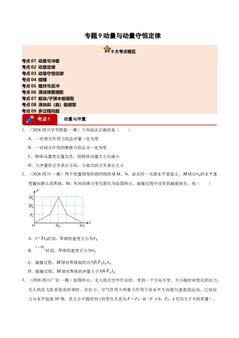 《专题09动量与动量守恒定律（9大考点）（四川专用）（学生版）_高考一二三轮复习_物理_2027年高考物理专项更新中_2026年高考物理一模试题分类汇编（四川专用）-G175_2026版》第1页预览