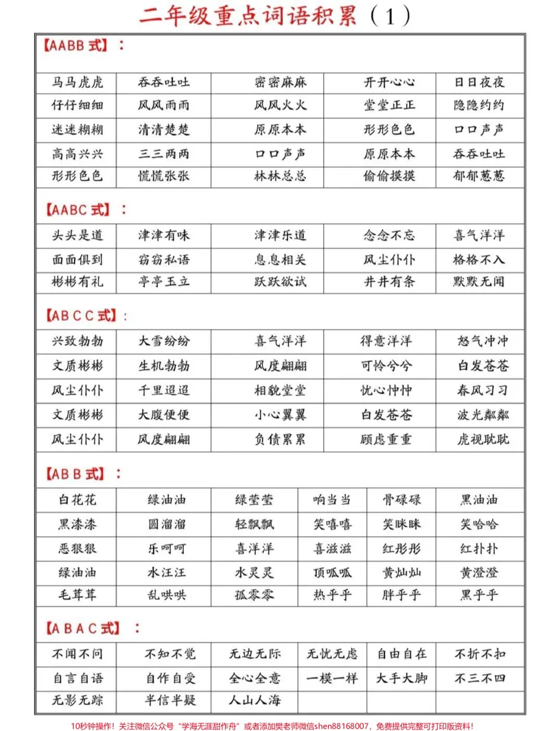 《二年级重点词语积累,可以给孩子打印反复晨读用#语文#知识点总结_最新小学1-9年级各科+幼升小+综合类学习资源汇总包_价值20万元!最新小学1-9年级各科+幼升小+综合类学习资源汇总包》第1页预览