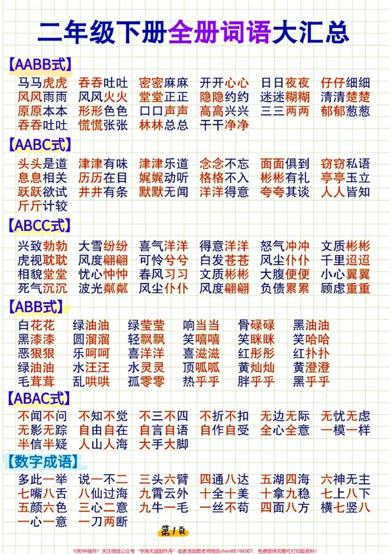 《二年级下册语文全册词语积累大全#家长收藏孩子受益#知识点总结#学习#小学语文#教育_最新小学1-9年级各科+幼升小+综合类学习资源汇总包_二年级一线老师整理版资源(全网独家)》第1页预览