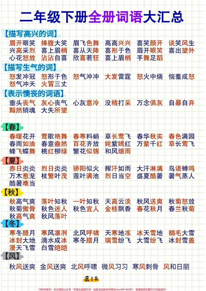 《二年级下册语文全册词语积累大全#家长收藏孩子受益#知识点总结#学习#小学语文#教育_最新小学1-9年级各科+幼升小+综合类学习资源汇总包_二年级一线老师整理版资源(全网独家)》第3页预览