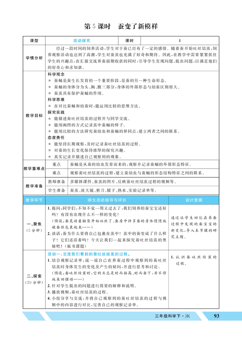 《第5课时蚕变了新模样_26春小学语数英道科各版本《课件+教案》_26春教科版科学《课件+教案》1-6年级下册_三下_优翼26春科学JK三下——教案（配新教材）_第二单元动物的一生》第1页预览