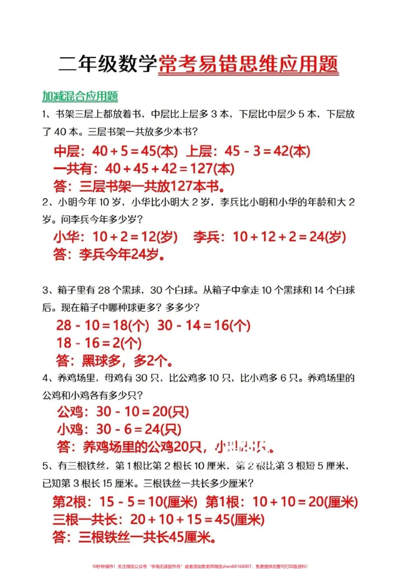 《二年级常考易错应用题,可以收藏打印给孩子做#期末复习#小学数学#应用题_最新小学1-9年级各科+幼升小+综合类学习资源汇总包_二年级一线老师整理版资源(全网独家)》第1页预览