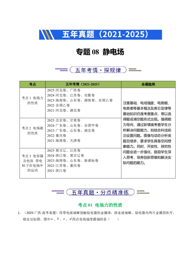 《专题08静电场（全国通用）（学生版）_高考一二三轮复习_物理_2026年-物理高考专项复习_五年（2021-2025）高考物理真题分类汇编（全国通用）-C438》第1页预览