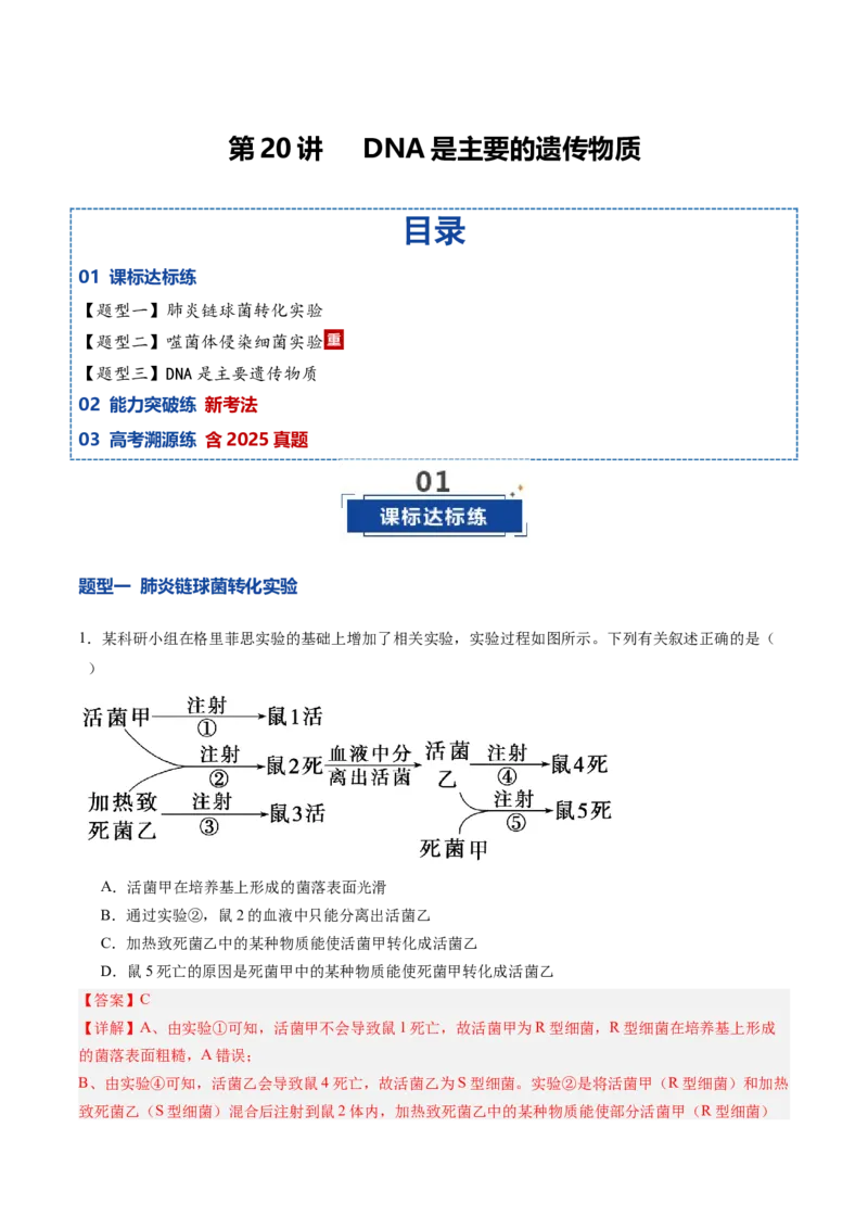 《第20讲DNA是主要的遗传物质（专项训练）（安徽专用）（教师版）_高考一二三轮复习_生物_2026年高考生物一轮_2026年高考生物一轮课件+讲义+练习（安徽专用）-G326》第1页预览