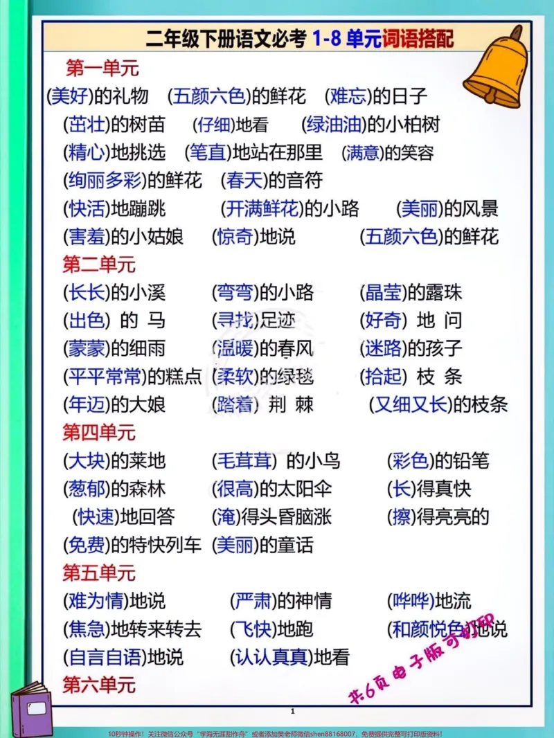 《二年级下册期末复习秘秘籍。二年级下册总复习词语汇总来啦!语文知识点琐碎认真梳理更有利于背诵记忆哦这份资料很全二年级下册语文目所有词语都在这里了抓住重点高效复习目快去拿分抓紧时间背一背吧#关注我持续更新小学知识#小学语文知识点#学习资料分享#二年级语文下册@qunju888.com小助手@qunju888.com热点@qunju888.com创作者中心》第1页预览