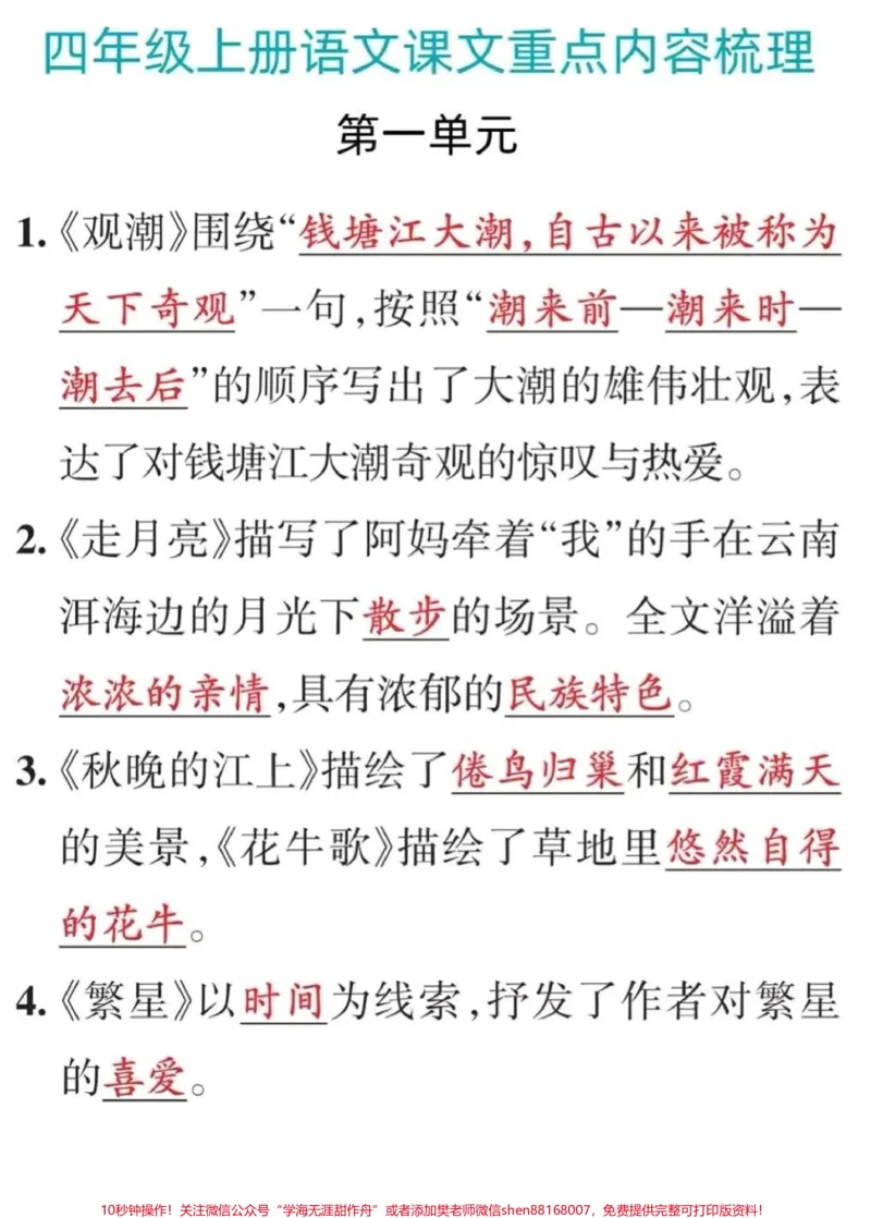 《#四年级语文上册1-8单元重点内容总结。#四年级语文上册1-8单元重点内容总结_最新小学1-9年级各科+幼升小+综合类学习资源汇总包_四年级一线老师整理版资源(全网独家)》第1页预览