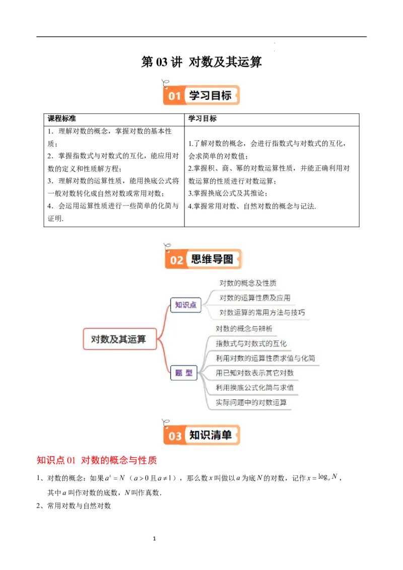 《第03讲对数及其运算教师版-高中数学人教B版讲义（必修二）_2027高中必刷题_必刷题2027_2027高一高二必刷题_数学_YZ-133-高中数学同步精讲B版高一二三基础+培优讲义+专题练习word版电子》第1页预览