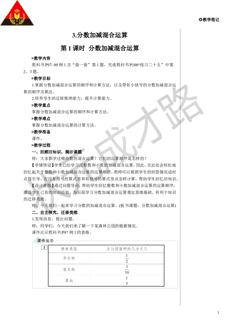 《第1课时分数加减混合运算教案_26春小学语数英道科各版本《课件+教案》_26春人教版语数《状元大课堂》课件+教案_数学《状元大课堂课件+教案》人教26春_名师教案（按新教材更新）》第1页预览