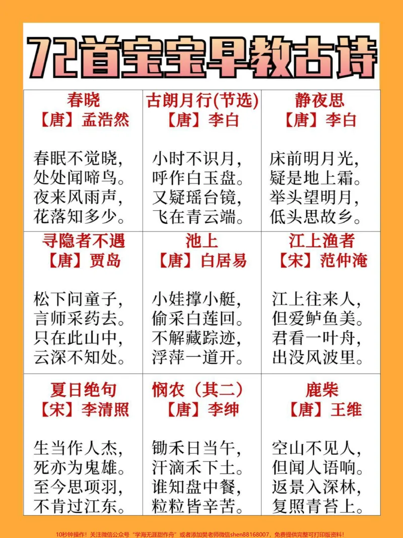 《72首早教宝宝古诗，需要的家长收藏保存下来读给宝宝听一听吧#家长收藏孩子受益#教育#学习#早教古诗教学#每天学习一点点_最新小学1-9年级各科+幼升小+综合类学习资源汇总包》第1页预览