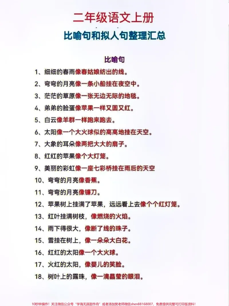 《二年级上册语文比喻句和拟人句专项练习#家长收藏孩子受益#知识分享#每天学习一点点#小学知识点归纳#教育》第1页预览