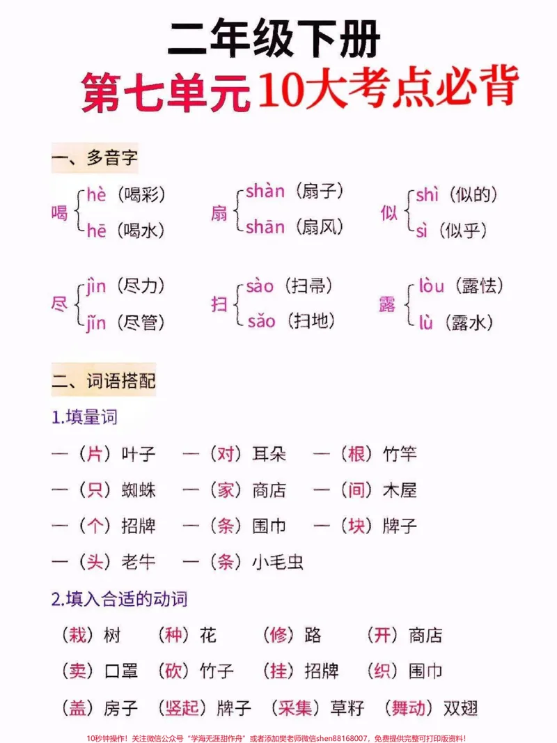 《二年级语文下册第七单元10大考点必背。二年级语文下册第七单元10大考点必背#第七单元#二年级#二年级语文下册#关注我持续更新小学知识#家长收藏孩子受益》第2页预览