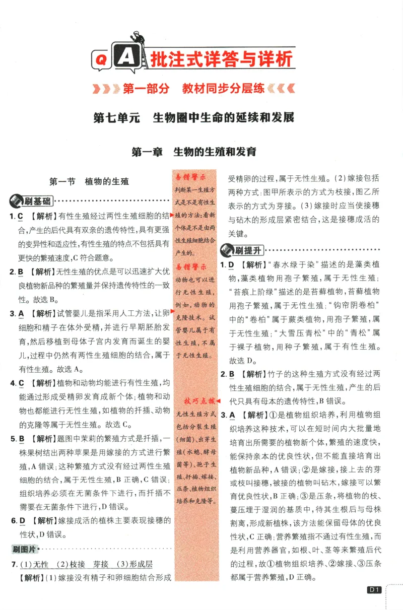 《2024版《初中必刷题》生物8下（RJ）-参考答案_初中全科知识点总结和试卷_赠送习题试卷_初中3年学习辅助资料_2、2025初中必刷题合集_初中必刷题23+24+25上册_24初中必刷题上册+下册全》第3页预览