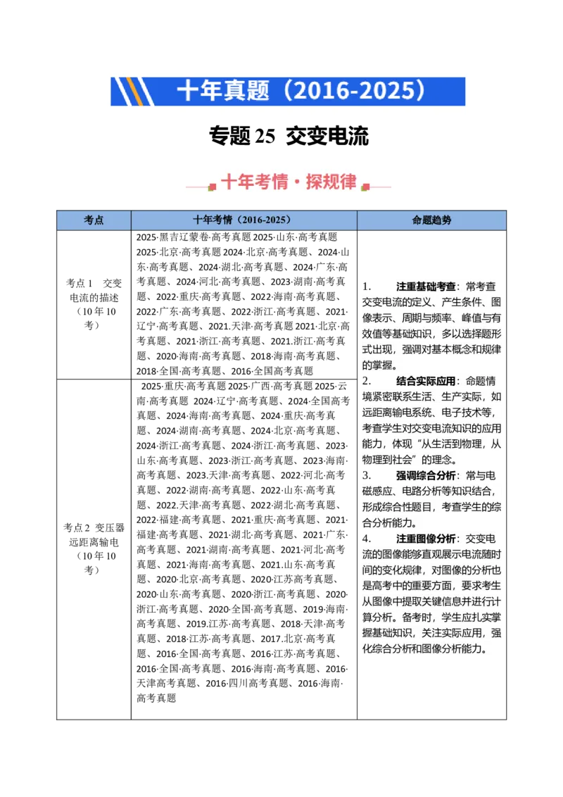 《专题25交变电流（全国通用）（教师版）_高考一二三轮复习_物理_2026年-物理高考专项复习_十年（2016-2025）高考物理真题分类汇编（全国通用）-G15》第1页预览