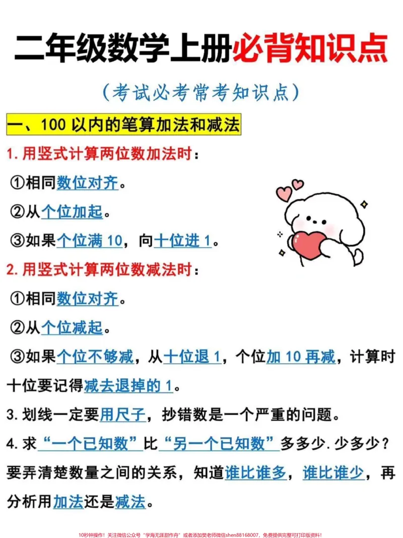 《二年级数学上册必背知识点。二年级上册数学常考必考知识点，老师给大家整理出来了。家长给孩子打印一份出来学习。都是考试常考必考知识点，有电子版可打印，家长快给孩子打印出来学习吧！#知识点总结#二年级#数学@qunju888.com小助手》第2页预览