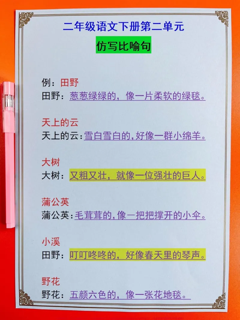 《二年级语文下册第二单元仿写句子,这个真的不错,家长给孩子打印出来练习吧#二年级语文下册第二单元重点#句子仿写 #仿写句子 #知识点总结 #比喻句》第1页预览