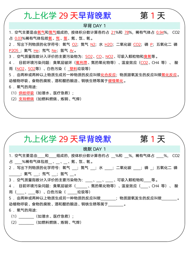 《版（2）九上化学知识点29天早背晚默小纸条_2026秋初中教辅合集_2027学科网&_2026秋《九上化学•知识点默写小纸条》3版》第1页预览