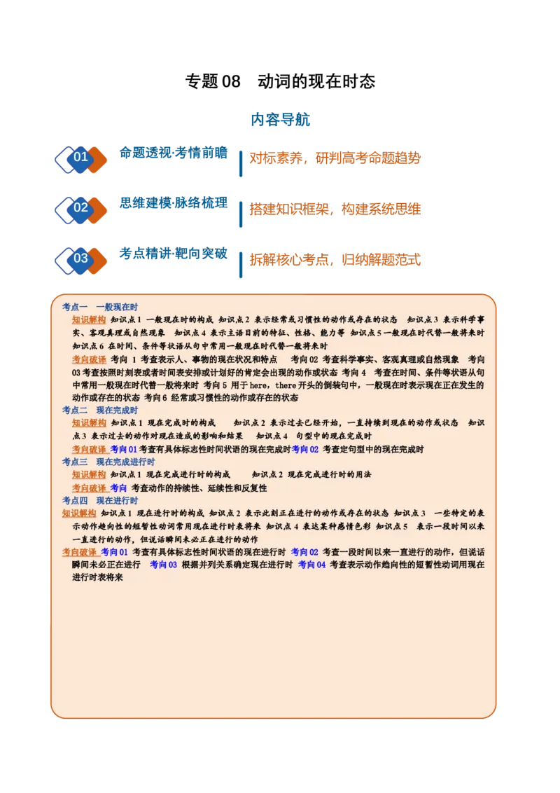 《专题08动词的现在时态（复习讲义）（全国通用）（学生版）_高考一二三轮复习_英语_2027年高考英语一轮更新中_2027年高考英语一轮复习讲义+练习+课件（新教材新高考）-G55_2027版》第1页预览