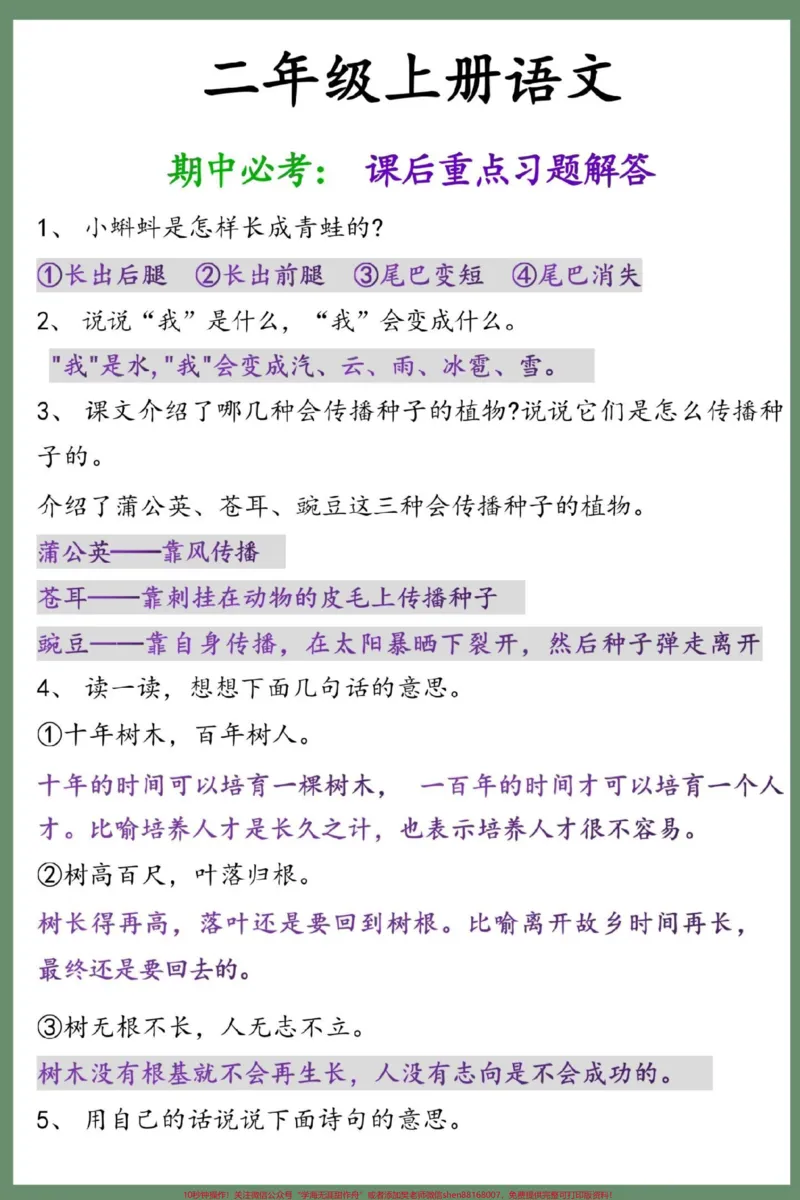 《二年级上册语文期中课后重点习题解答。#知识点总结#期中考试#二年级#二年级上册语文#必考考点》第2页预览