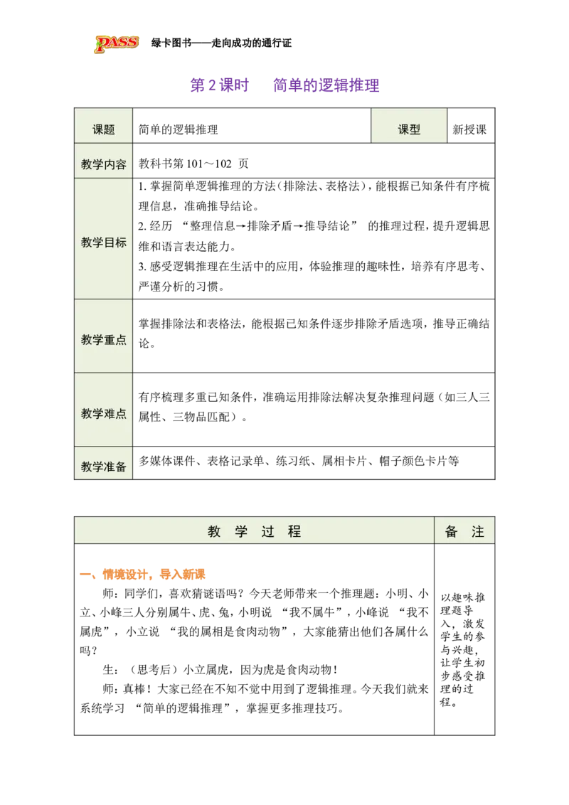 《第2课时简单的逻辑推理_26春小学语数英道科各版本《课件+教案》_26春各版本数学《课件+教案》1-6年级下册_26春冀教版数学《课件+教案》1-6年级下册_26春冀教版数学三年级下册教案课件》第1页预览