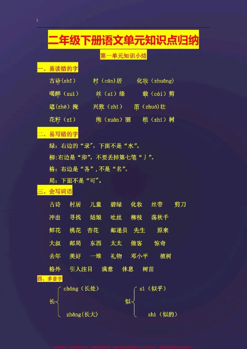 《二年级语文下册，各单元知识汇总。#图文来了#萌知计划#二年级语文下册_最新小学1-9年级各科+幼升小+综合类学习资源汇总包_二年级一线老师整理版资源（全网独家）》第1页预览