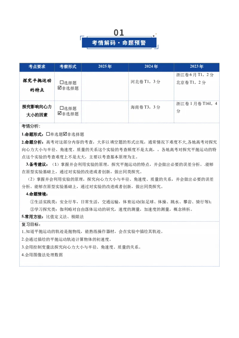 《第16讲实验探究平抛运动的特点及向心力与半径角速度质量的关系（复习讲义）（湖南专用）（学生版）_高考一二三轮复习_物理_2026年》第2页预览