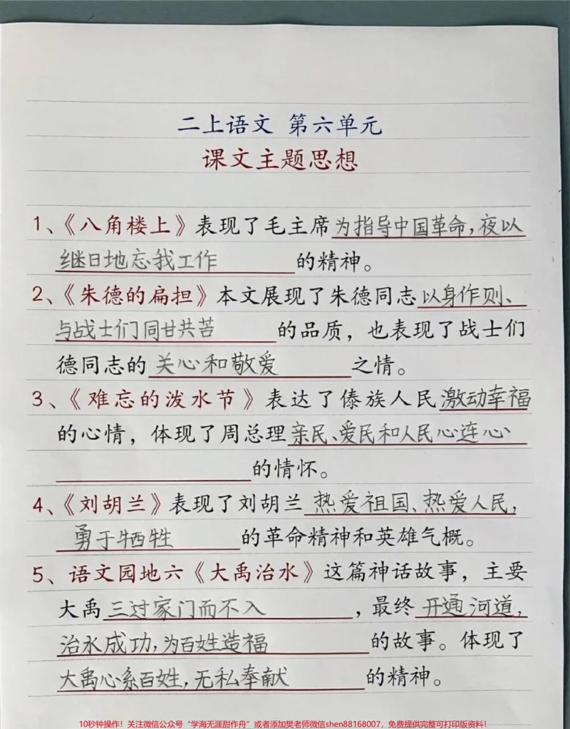 《二年级上册语文第六单元课文主题思想#学习#家长收藏孩子受益#知识点总结#小学知识点归纳#小学一年级语文》第1页预览