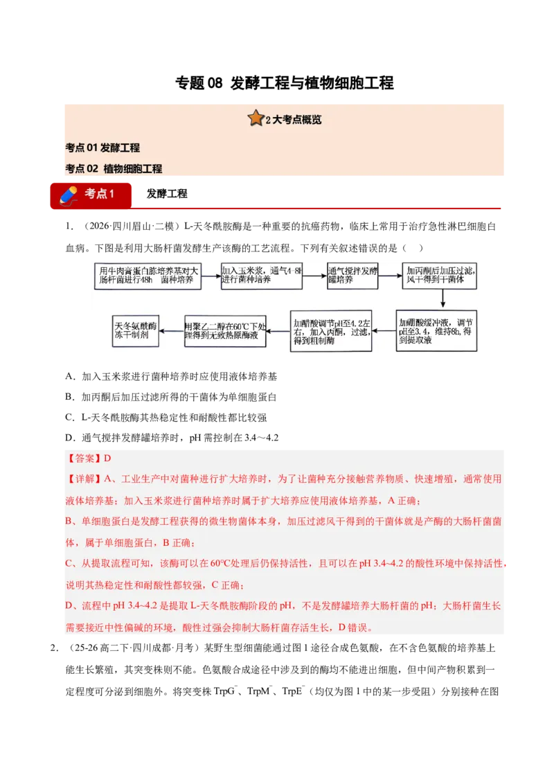 《专题08发酵工程和植物细胞工程（2大考点）（教师版）_高考一二三轮复习_生物_2027年高考生物专项_2026年高考生物二模试题分类汇编（四川专用）-G282_2026版》第1页预览