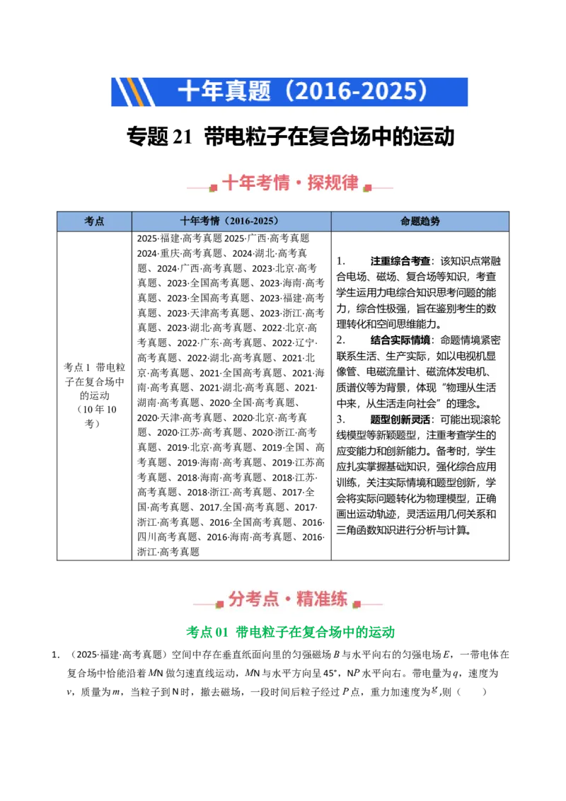 《专题21带电粒子在复合场中标的运动（全国通用）（教师版）_高考一二三轮复习_物理_2026年-物理高考专项复习_十年（2016-2025）高考物理真题分类汇编（全国通用）-G15》第1页预览