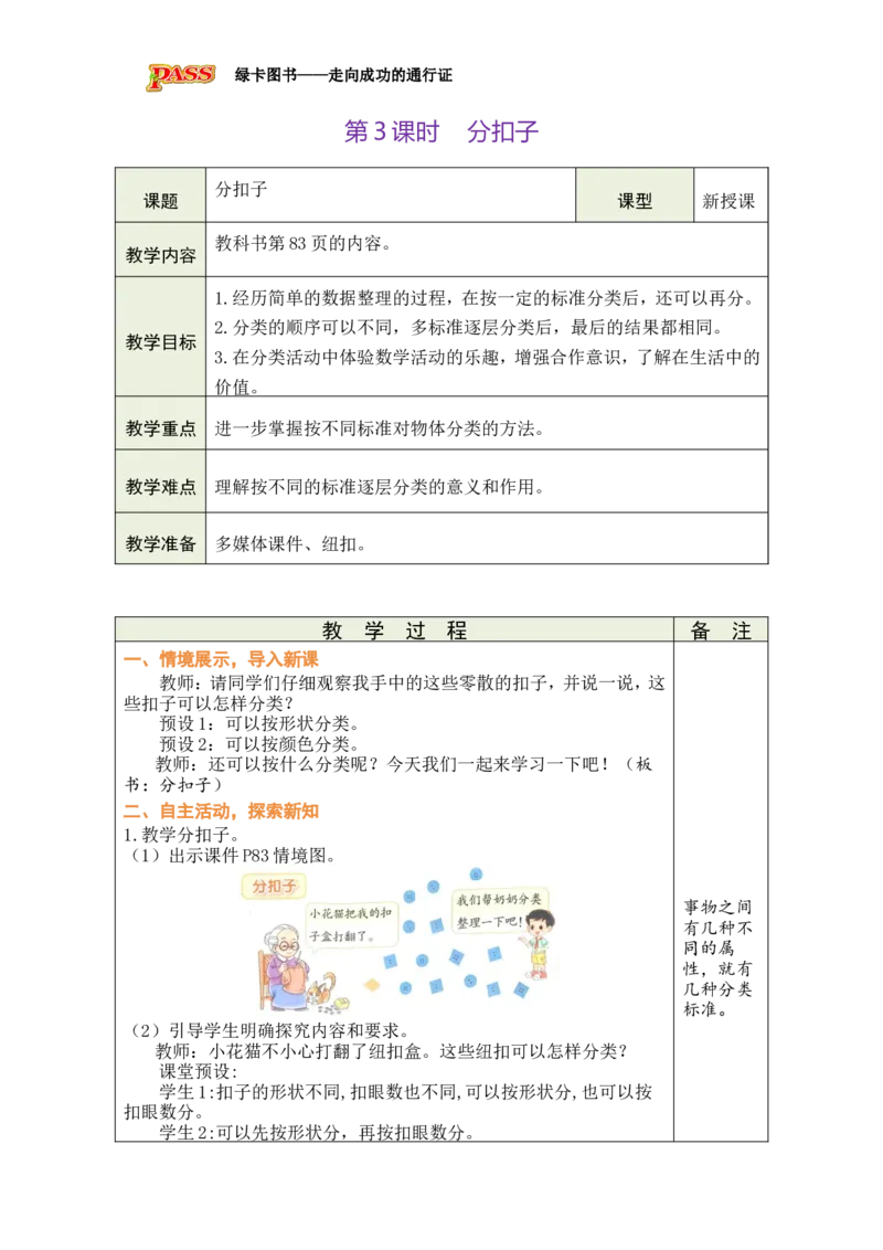 《第3课时分扣子_26春小学语数英道科各版本《课件+教案》_26春各版本数学《课件+教案》1-6年级下册_26春北师大版数学1-6年级下册教案课件PPT_26春绿卡学霸-2数-北师-备课教案（新教材）》第1页预览