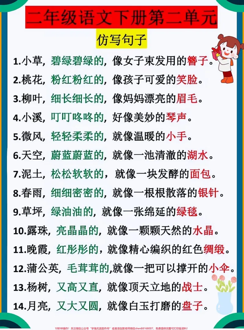 《二年级下册语文第二单元仿写句子汇总整理#教育#每天学习一点点#学习#小学语文#二年级_最新小学1-9年级各科+幼升小+综合类学习资源汇总包_二年级一线老师整理版资源（全网独家）》第1页预览