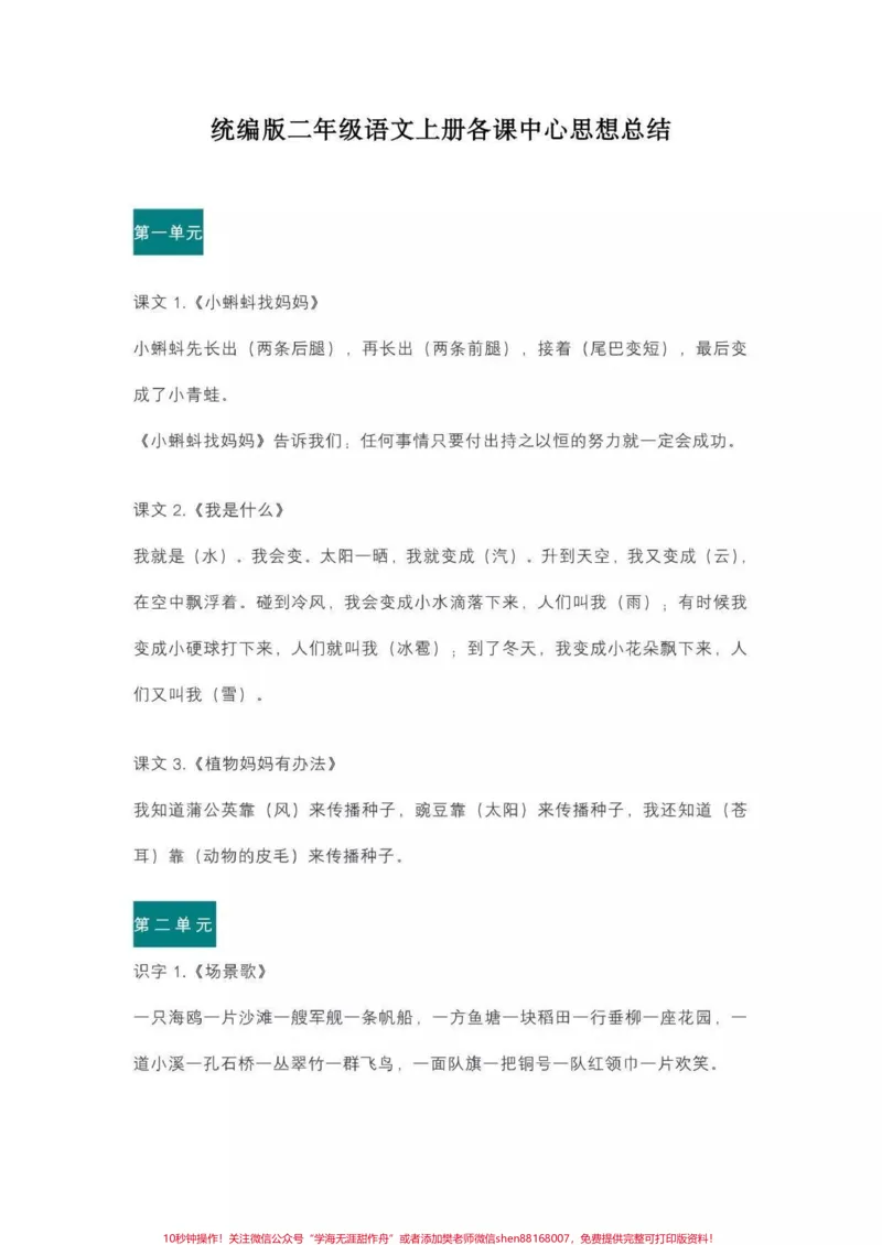《二年级上册语文中心思想总结》第1页预览