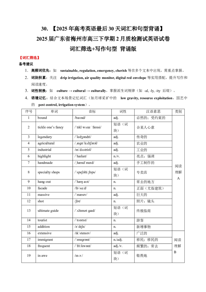 《30.（2025年高考英语最后30天词汇和句型背诵）2025届广东省梅州市高三下学期2月质检测试英语试卷词汇筛选+写作句型背诵版_高考一二三轮复习_英语_2026年-英语高考专项复习》第1页预览