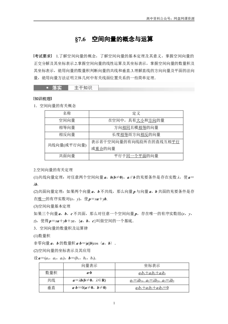 《2024年高考数学一轮复习（新高考版）第7章　§7.6　空间向量的概念与运算_初高中资料库_高中资料库（转存避免链接过期失效）_高中数学》第1页预览