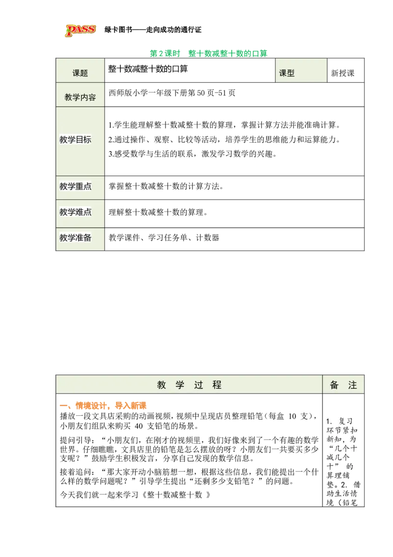 《第2课时整十数减整十数的口算_26春小学语数英道科各版本《课件+教案》_26春各版本数学《课件+教案》1-6年级下册_26春西师大版数学1-6年级下册教案课件PPT_2026春数学一年级下（XS版）教案》第1页预览