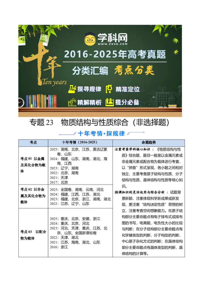 《专题23物质结构与性质综合（非选择题）（学生版）_高考一二三轮复习_化学_2026年-化学高考专项复习_十年（2016-2025）高考化学真题分类汇编（全国通用）-G15》第1页预览