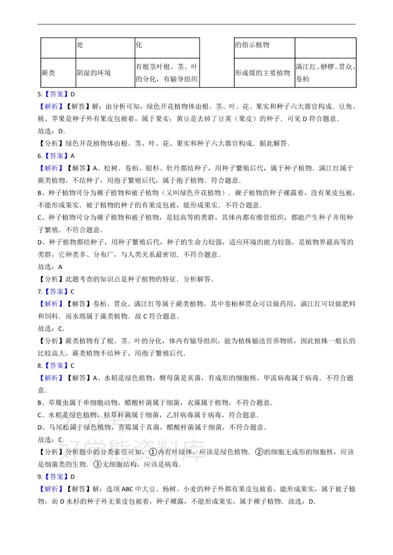 《七年级上册生物第三章形形色色的植物单元测试（含解析）_初高中资料库_初中资料库（转存避免链接过期失效）_初中生物》第5页预览