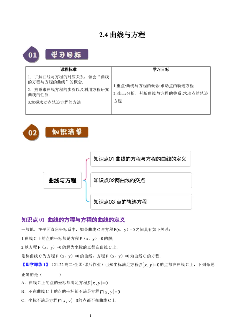 《第15讲2.4曲线与方程（3知识点+4题型+巩固训练）学生版-高中数学人教B版讲义（选择性必修一）_2027高中必刷题_必刷题2027_2027高一高二必刷题_数学_5.人教B版高中数学讲义选择性必修一》第1页预览