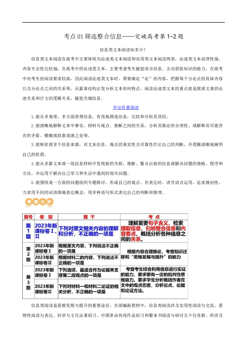 《专题01筛选和整合信息（讲义）（解析版）-2024年高考语文二轮复习讲练测（新教材新高考）(1)_初高中资料库_高中资料库（转存避免链接过期失效）_高中语文》第1页预览