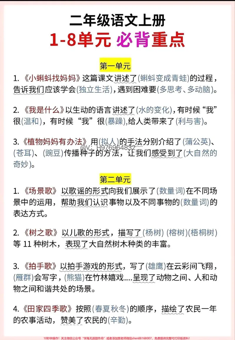 《二年级语文上册1-8单元必背重点。#期末复习#二年级上册语文#二年级#家长收藏孩子受益#必考考点_最新小学1-9年级各科+幼升小+综合类学习资源汇总包》第2页预览