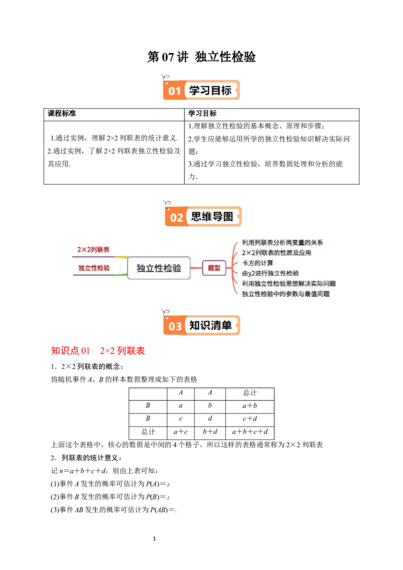 《第09讲独立性检验教师版-高中数学人教B版讲义（选择性必修二）_2027高中必刷题_必刷题2027_2027高一高二必刷题_数学_6.人教B版高中数学讲义选择性必修二_2025版》第1页预览