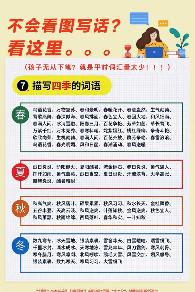 《#醒图小学二年级还不会看图写话的看这里,老师整理了一些常用词汇。快点收藏起来,让孩子背一背。写作不在浮想联翩!#图文伙伴计划#必考考点#期末复习#看图写话》第4页预览